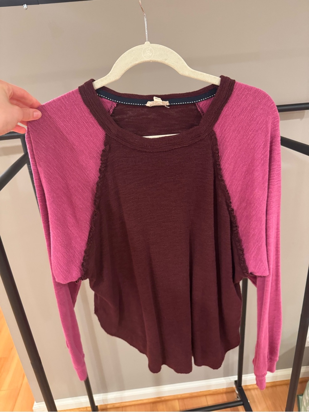 Pilcro Two-Tone Raglan Long Sleeve Top - Pink & Burgundy